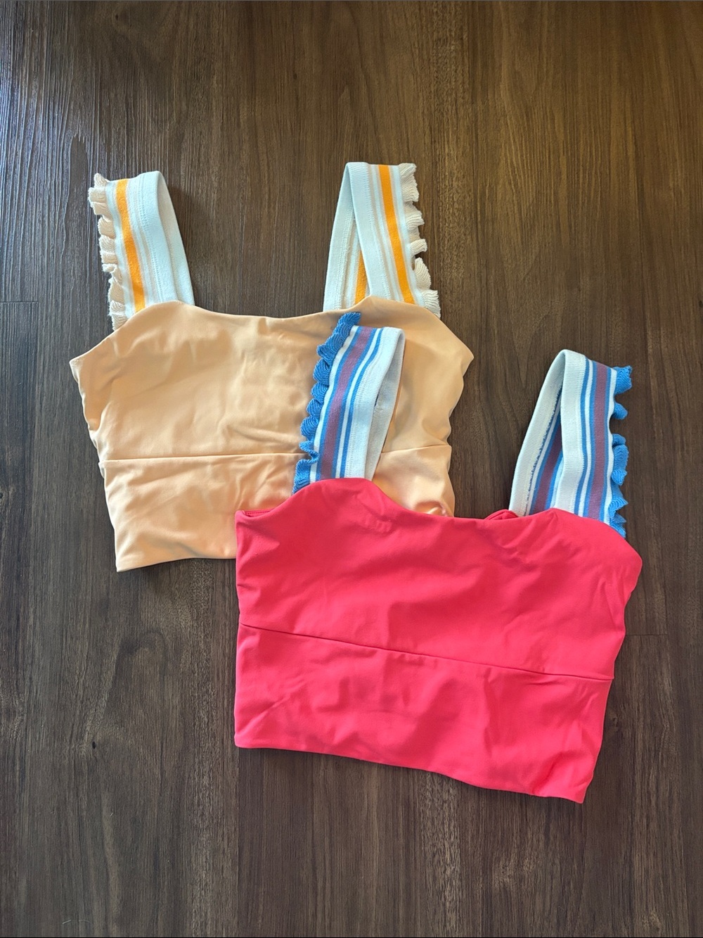 Women’s Sleeveless Cropped Tank Top with Striped Ribbon Straps — Pink and Peach